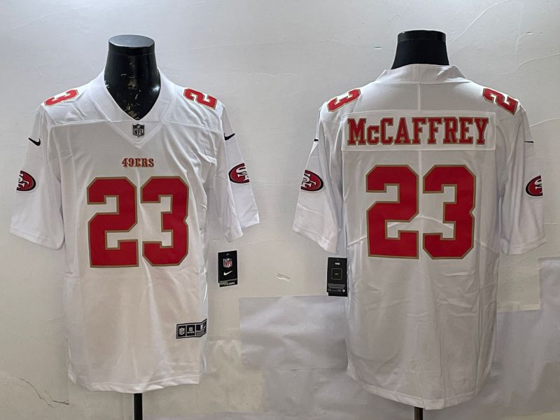 Men San Francisco 49ers #23 Mccaffrey White gold Fashion 2025 Nike Limited NFL Jersey style 1
